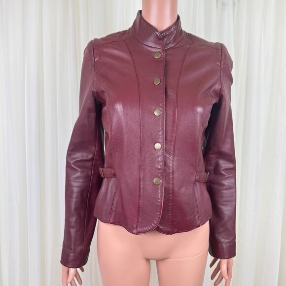 Wmns Diane Von Furstenburg DVF Genuine Leather Fitted Jacket Coat Sz 6 Burgundy - Picture 1 of 13